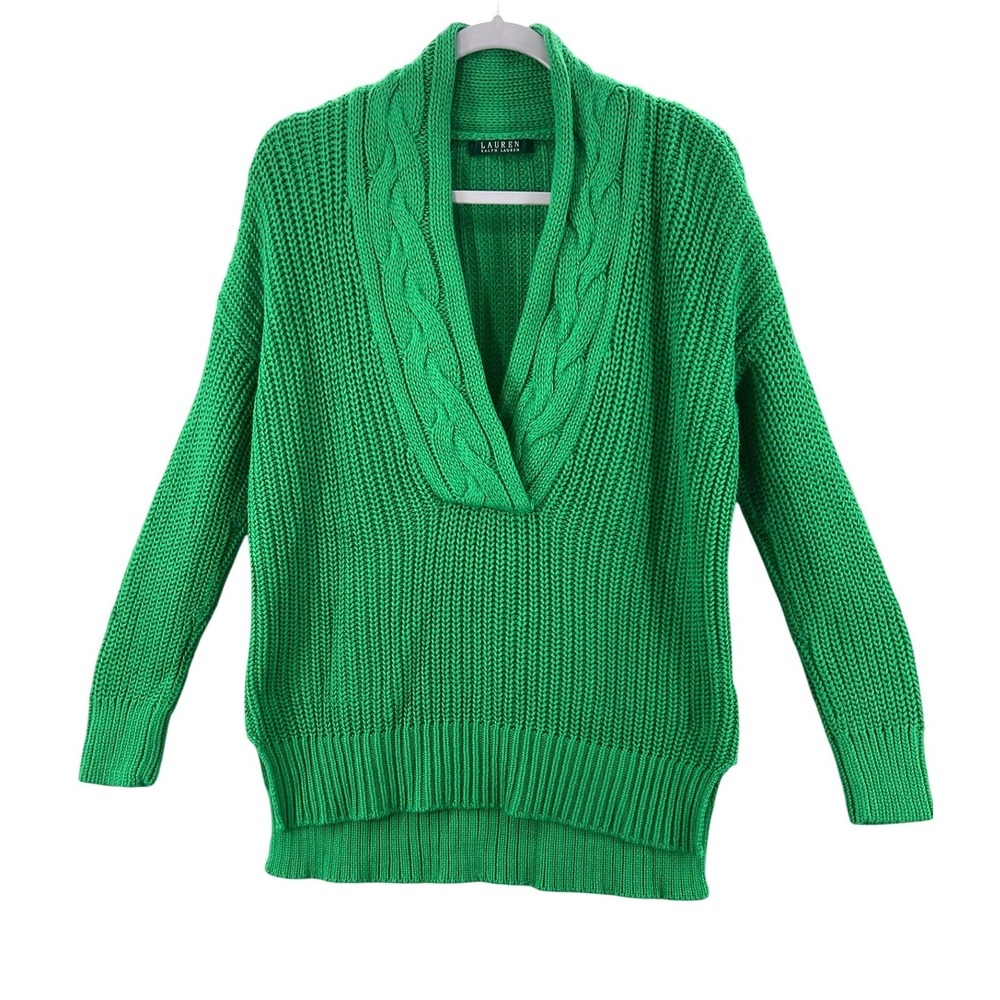 Lauren Ralph Lauren Sweater Womens Small Green Shawl Collar Cable Knit Cotton
